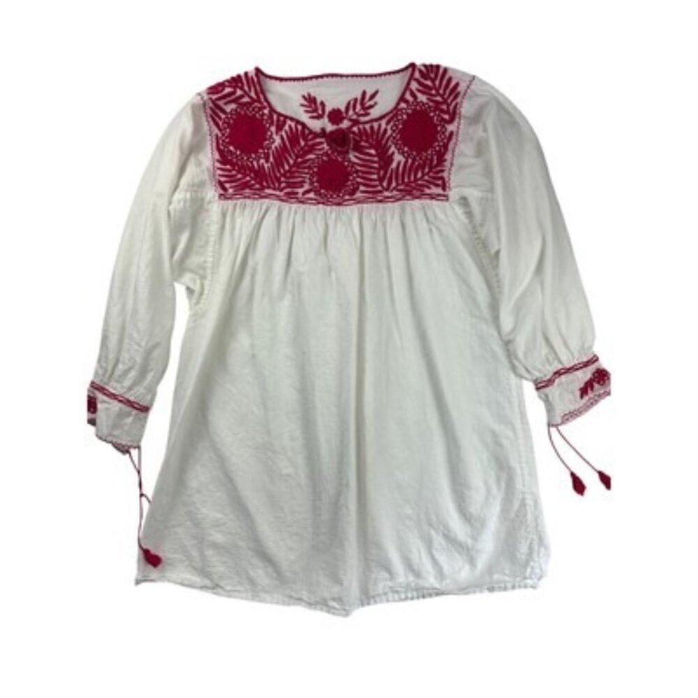 Vintage White & Red Embroidered Peasant Blouse